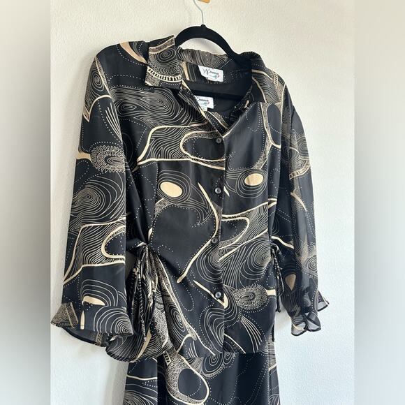 VTG 90s Abstract Swirl 2 Piece Set Size 12 Sheer Button Blouse Midi Slip Dress - Picture 5 of 6